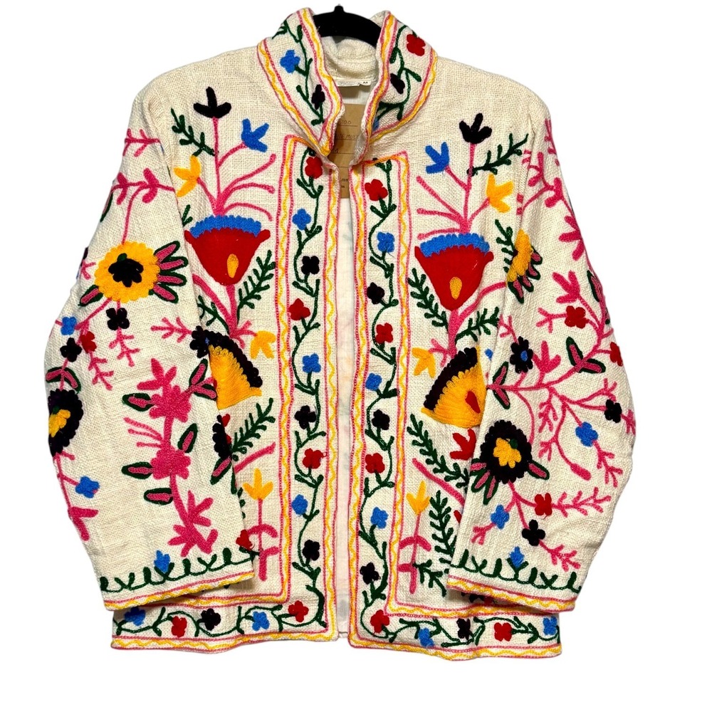 Ashley Taylor Cream Jacket with Multicolor Floral Embroidery